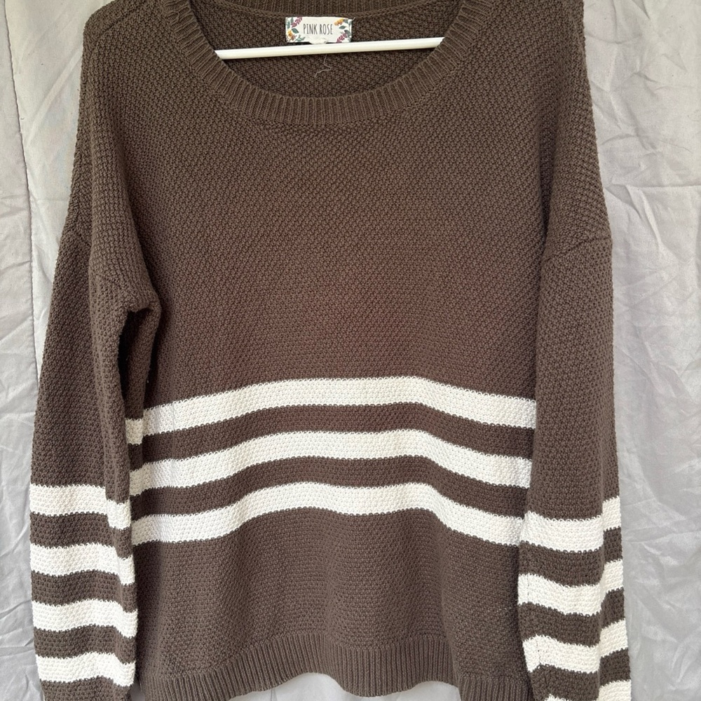Pink Rose Brown and White Crew Neck Sweater